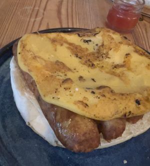 Vegan stottie with sausage and ‘omelette’   at The Boatyard in North Shields