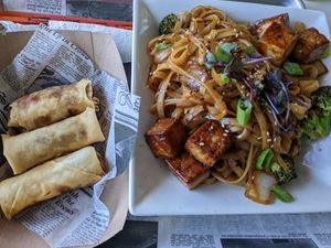 Pad See Ew and Spring Rolls. at Sabia Plant Based Eatery in Guaynabo