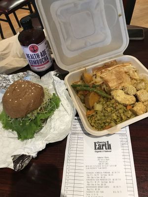 Veggie burger, hot bar foods, and kombucha from the natural foods store! at Down to Earth - Store and Deli in Kahului