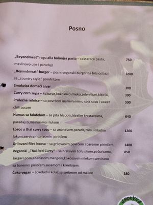Menu with mostly vegan items except fish dish at Smokvica - Kralja Petra in Belgrade
