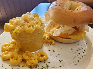 Breakfast Sandwich with Mac and Cheese side at Paisley Vegan Kitchen in Melbourne
