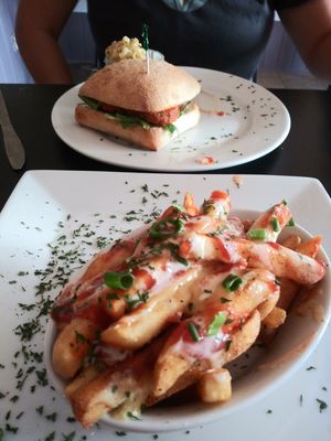 Trash fries and crispy chiken sandwich at Paisley Vegan Kitchen in Melbourne