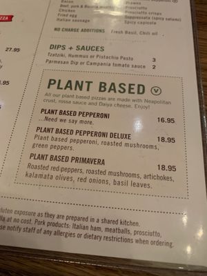 Plant based pizza menu section at Famoso Neaopolitan Pizzeria in Regina