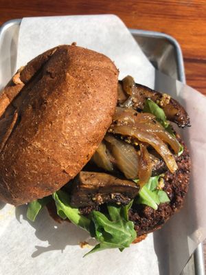 Vegan burger with grilled portobello mushrooms and caramelized onions at The Hub in San Anselmo