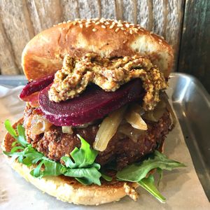 Labeled vegan burger at The Hub in San Anselmo