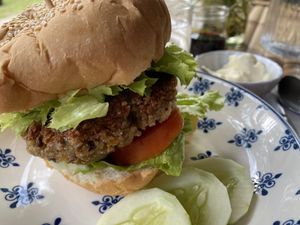 Seitan burger w olive and sundried tomato  at MY Vegan Food Shop & Cafe in Koh Samui