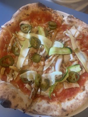 Mushroom, courgette and jalapeño   at Grumpy's Bar + Wood Fired Pizza in Farsley