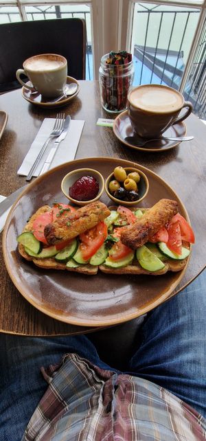 Vegan breakfast and oat latte at Caffe Vista in Tenby
