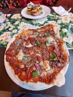 Pizza with marinated "beyond meat". at Vegan Vacation in Bergen