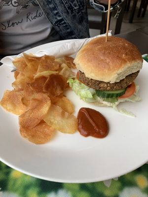 BBQ bean burger, homemade chips and ketchup!  at Vegan Vacation in Bergen