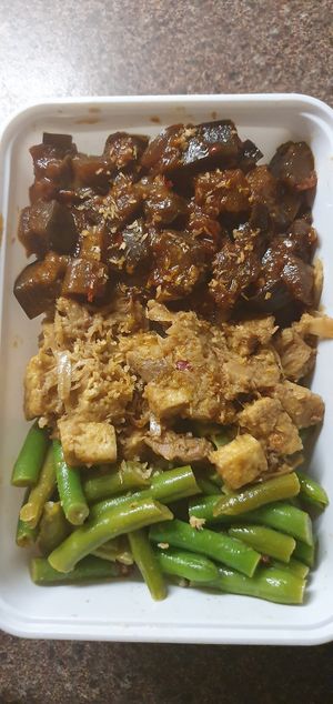 Eggplant, jackfruit, green beans. at Warung Senang in Middelburg