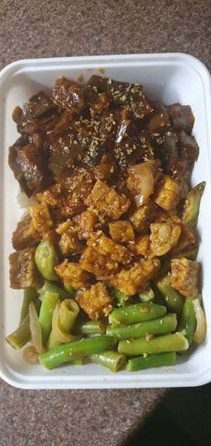 Eggplant, tempeh, green beans at Warung Senang in Middelburg