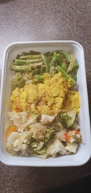 Green beans, spicey jackfruit rendang, veggies in coconutmilk. at Warung Senang in Middelburg
