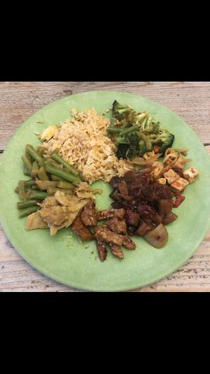 An assortment of dishes. Nasi (fried rice), sweet and spicy beans, jackfruit rendang, marinated sambal tempeh, eggplant in tomato and ketjap (sweet soysauce), tofu with yellow bean sauce, and stir fried broccoli.  at Warung Senang in Middelburg