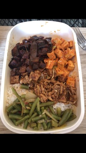 Take away in my own container: rice, beans, two types of tofu and an eggplant stew. at Warung Senang in Middelburg