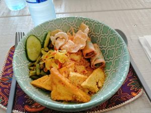 Fried rice, spicy green beans, tofu, spring rolls and veggies at Warung Senang in Middelburg
