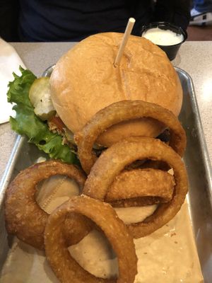 Tofu “Little Buddha” Burger 🍔 with onion rings at Morty's Cafe - St George in St George