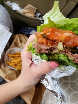Yucatán burger with beyond patty in a lettuce wrap. And fries, of course. at Morty's Cafe - St George in St George