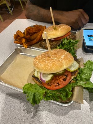 Little Buddha and 3 Bean burgers - regular fries are not vegan so they subbed for a side salad  at Morty's Cafe - St George in St George