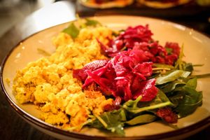 bowl with scrambled tofu and salad at Spes Kitchen in Reykjavik