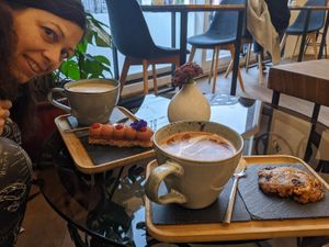 Huuuge coffee and hot chocolate cups with our delicious sweets! Yes, this was breakfast. at Be Nuts in Brussels