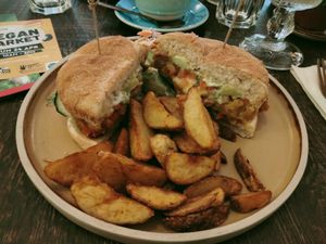 Jackfruit burger with avocado and sauce. at The Quarter Restaurant in Taunton