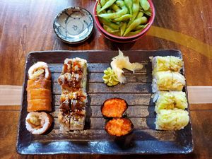 Cowgirl, Prince Roll, Ikura Nigiri, Crunchy Cabbage w/ spicy edamame at Blue Sushi Sake Grill in Westlake