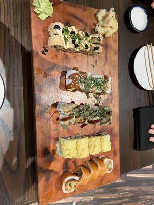 Assorted vegan sushi: spicy kaluna crunch, Thai hippie, shiitake to me, crunchy cabbage (not as good as the others), and the cowgirl  at Blue Sushi Sake Grill in Westlake