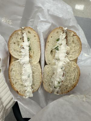 Toasted salt with tofu scallion cream cheese  at Goldberg's in Westhampton Beach