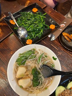 Snow pea tips (vegetable dish), and noodle soup at Huong Sen Lotus Vegetarian in Houston
