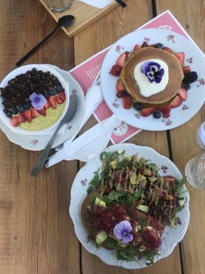 All vegan: chia pudding with chocolate granola, pancakes, hummus toast with avocado and a side salad at Kato Gâteaux in Mechelen
