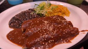Enchiladas with mole de Oaxaca (vegan option) at Fiesta Oaxaca in Santa Fe