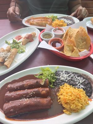 Classic mole, Yucca mole, Taquitos, complimentary chips   at Fiesta Oaxaca in Santa Fe