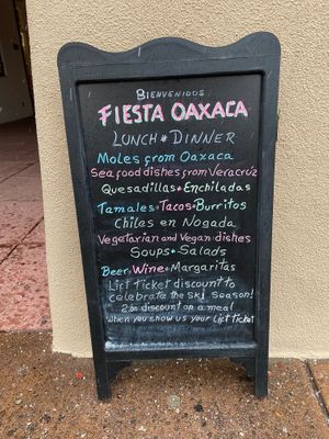 Chalkboard advertising vegetarian and vegan dishes  at Fiesta Oaxaca in Santa Fe