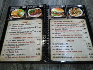 The vegan and vegetarian dishes from the menu. "2" codes for dairy, so falafel dishes are basically vegan as well, if you request tahini sauce instead of yogurt/garlic sauce. at Mc Döner in Frankfurt