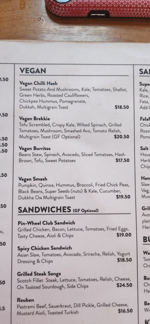 Vegan section at Neighbours Cafe in St Kilda