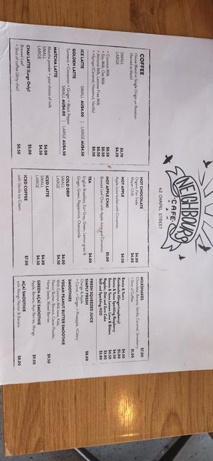 Drinks menu at Neighbours Cafe in St Kilda