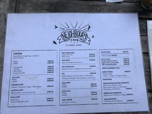 Menu at Neighbours Cafe in St Kilda