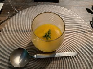 Cold vegan pumpkin soup at Chez Tomo in Tokyo