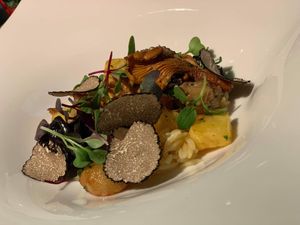 Mushrooms with Black Truffles over Risoni at Chez Tomo in Tokyo