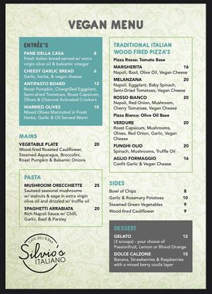 Dedicated vegan menu   at Silvio's Italian in Coffs Harbour