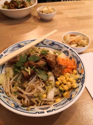 Colorful Vegan - noodles served with saitan, cabbage, scallions, bean spouts, carrots and corn in a very tasty sauce. Really enjoyed this dish! at Mei Choi in Aachen