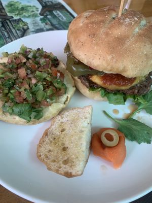 Hummus and salsa sandwich, BBQ pineapple burger(tree bean, walnuts, wheat gluten) roasted pepper and onions  at Magic Monkey 悟空活菌茶 - WùKōng Huó Jūn Chá in Chishang