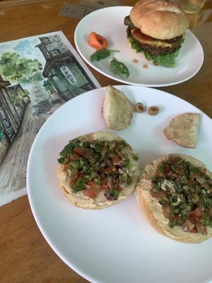 Open face hummus with fresh salsa sandwich, BBQ pineapple Burger at Magic Monkey 悟空活菌茶 - WùKōng Huó Jūn Chá in Chishang