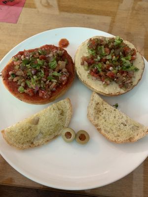 Open face hummus and salsa, open face red sauce and salsa sandwich  at Magic Monkey 悟空活菌茶 - WùKōng Huó Jūn Chá in Chishang