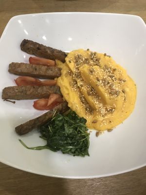 tempeh slices with mashed yams at Vegato-Vaclavak in Prague