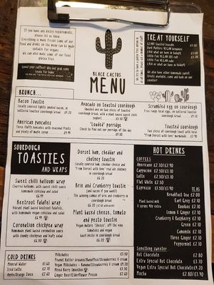 Menu at Black Cactus  in Blandford Forum