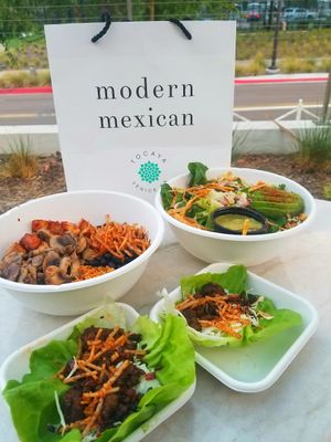 Vegan Picadillo Tacos (as lettuce wraps), taco salad, and protein bowl at Tocaya Modern Mexican - One Paseo in San Diego