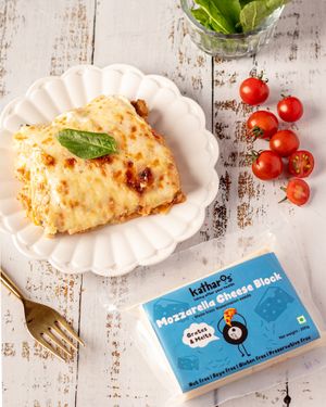 Lasagnas with Watermelon seeds based Mozzarella Cheese Block at Katharos Foods in Mumbai