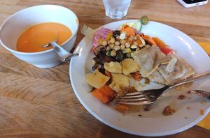 Sweet potato-chili soup, salad options, cooked root vegetables and mushroom-truffel raviolis 😋 at Zilla in Vantaa
